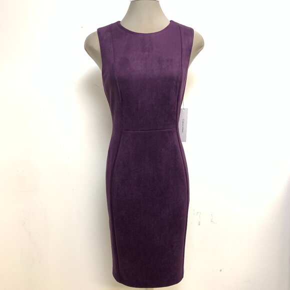 New! Calvin Klein Elegant AUBERGINE Faux Suede Princess Sheath Dress - Picture 1 of 5